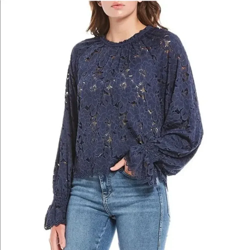 Free People Olivia Lace Blouse Blue Small Balloon Sleeves Feminine - Picture 1 of 9